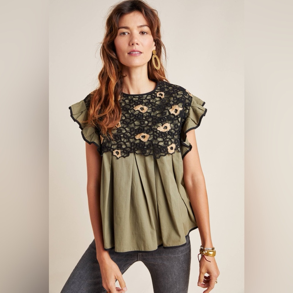 Marlena Lace Swing Blouse, Size Small, Green, Black, Excellent Condition
